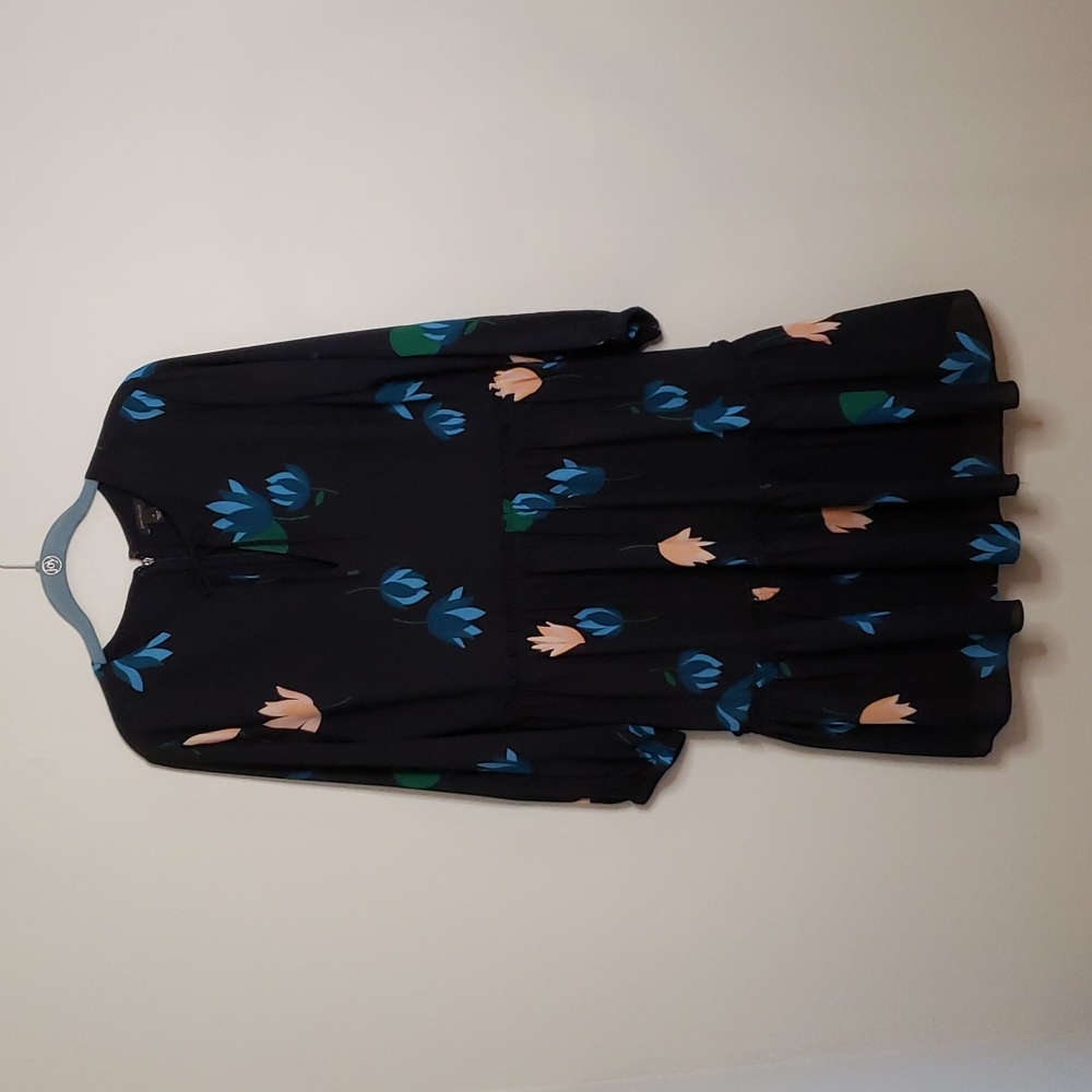 Ann Taylor Black Midi Dress with Blue, Peach & Green Floral Print